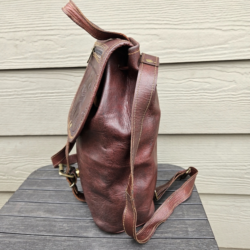 Vintage Camel Tooled Leather Brown Backpack India Unique Flap Top Bag Purse - Picture 3 of 16